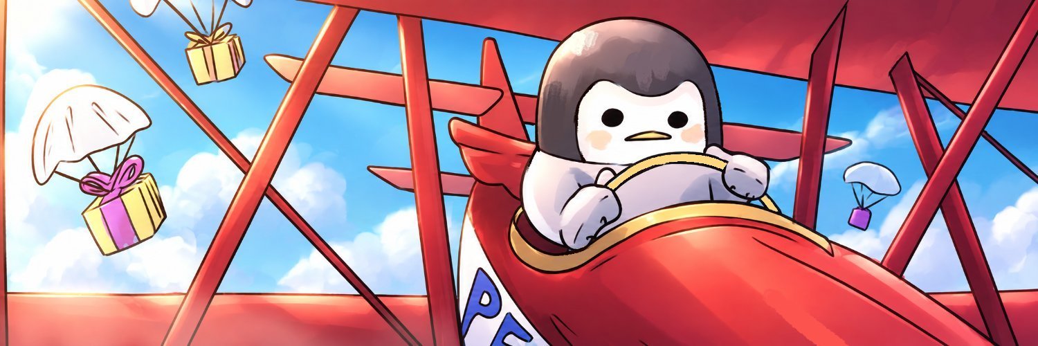 PINGU flying a red biplane dropping gift parachutes