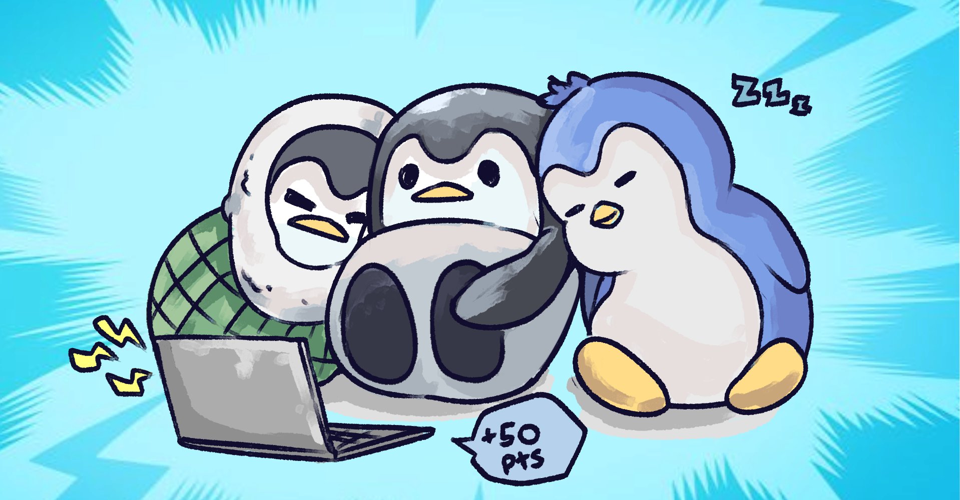 Three penguins around a laptop earning points